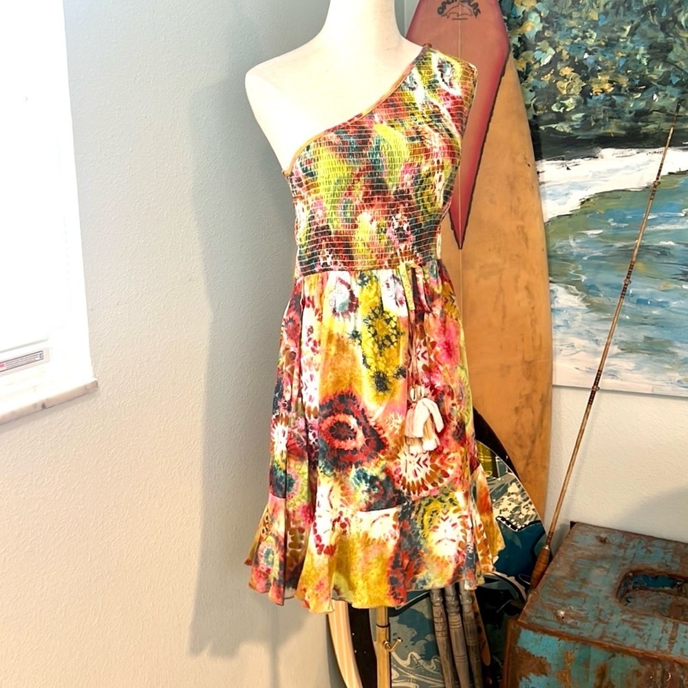 True Destinations One Shoulder Smocked Tropical Tassel Dress Boho Resort, Size M - Picture 10 of 13